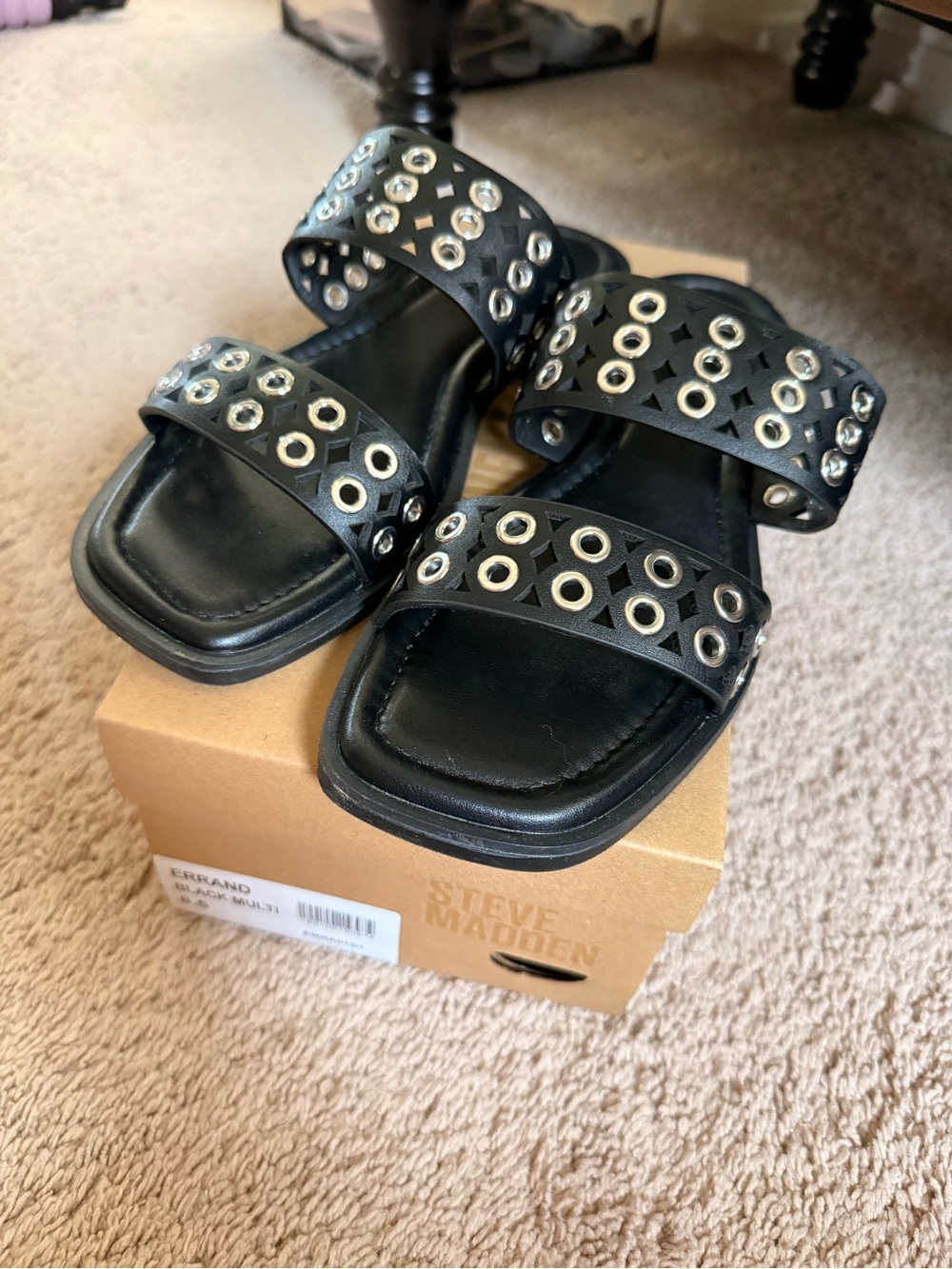 Steve Madden Black Grommet Double-Strap Slide Sandals